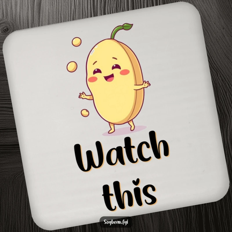 Funny jovial soybean drink coaster, grinning bean juggling pods, protects furniture, adds a fun vibe.