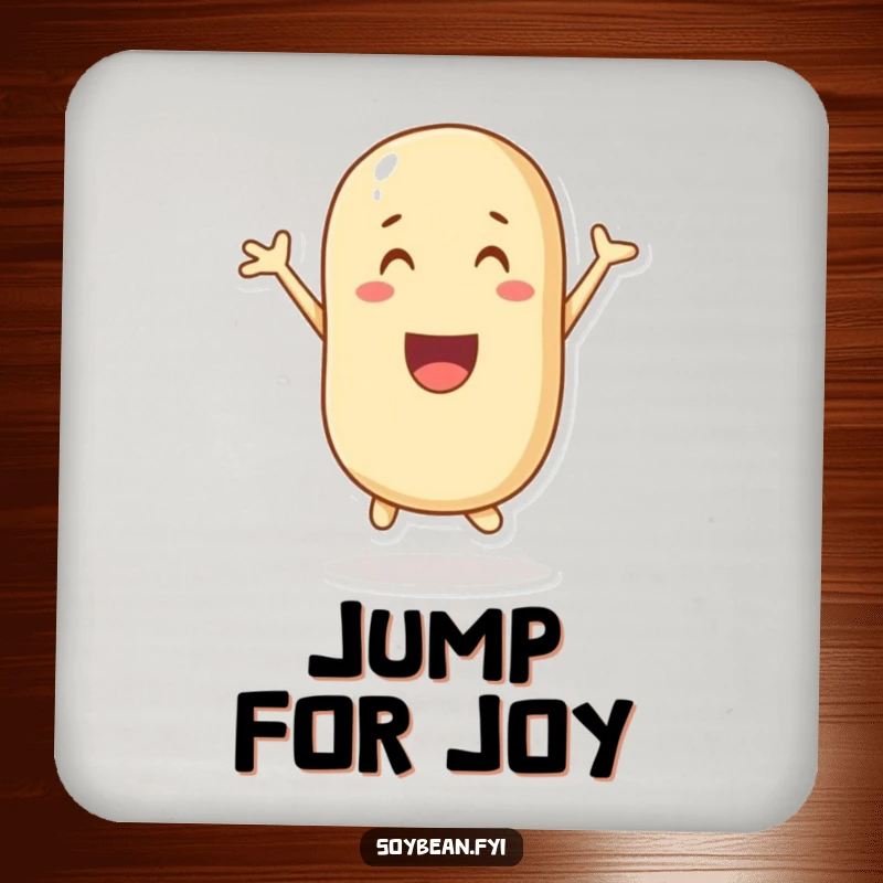 Funny coaster showcasing a jubilant soybean character in a dynamic jumping pose, adding a touch of humor.