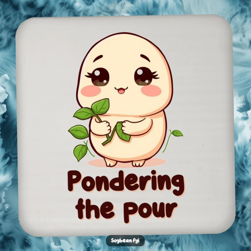 Funny drink coaster displaying a kawaii soybean holding a sprout, looking curious, adding a humorous and protective touch, a cute funny gift.