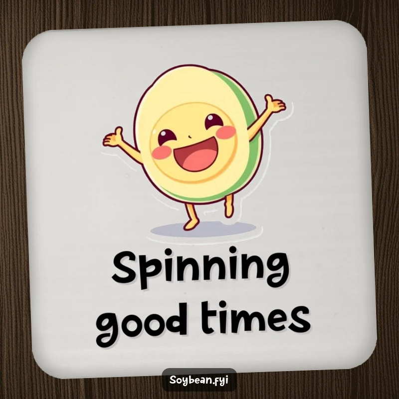 Funny drink coaster displaying a kawaii soybean doing a cartwheel with a grin, adding a humorous and protective touch, a cute funny gift.