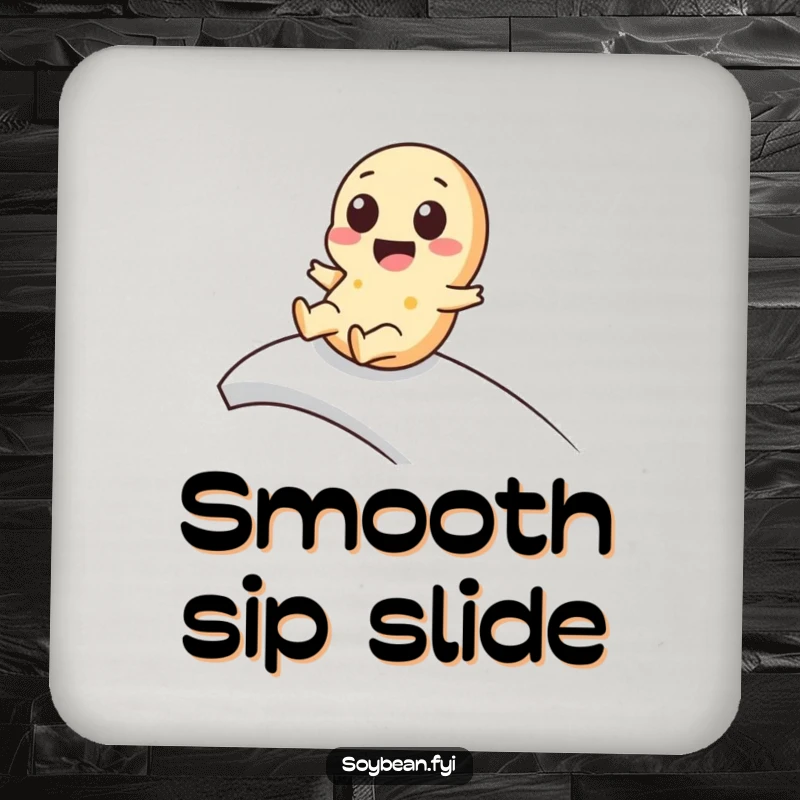 Funny kawaii soybean coaster featuring a cute character playfully sliding down a ramp, adding cute fun to surface protection.