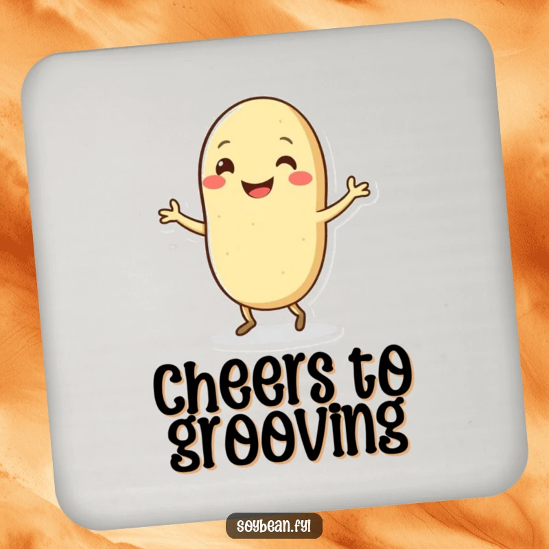 Funny Kawaii soybean character in a silly dance pose with a wide grin, adorning a set of funny drink coasters.