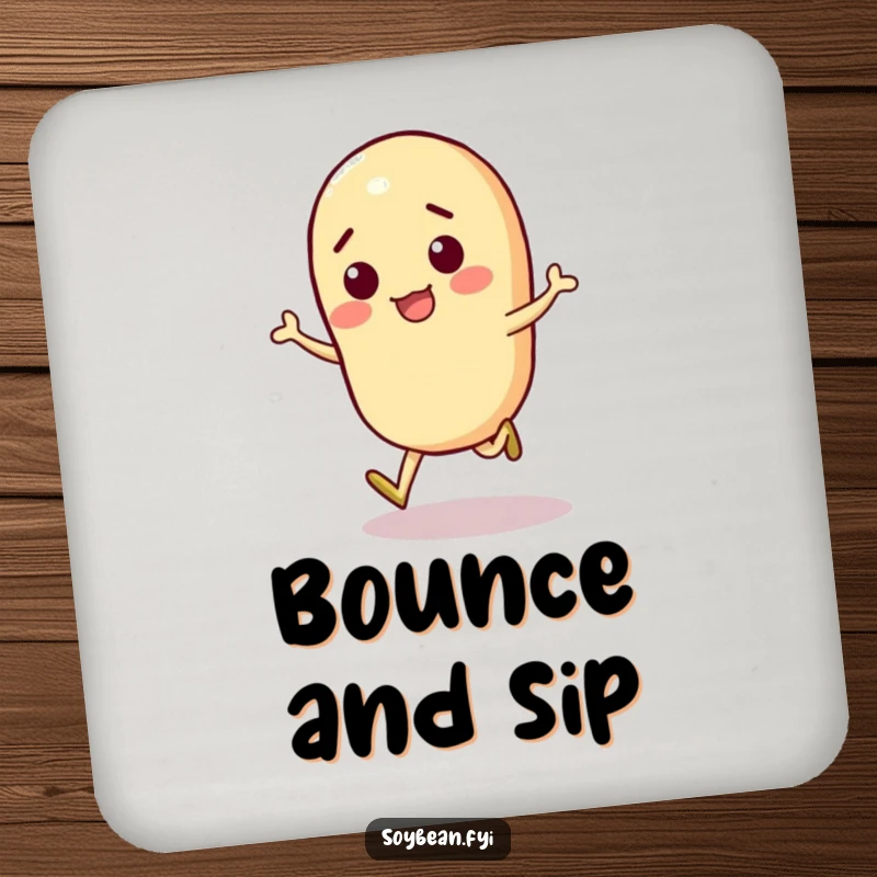 Funny Soybean Coaster showcasing a lively soybean character in a playful skip, guarding your table surfaces.