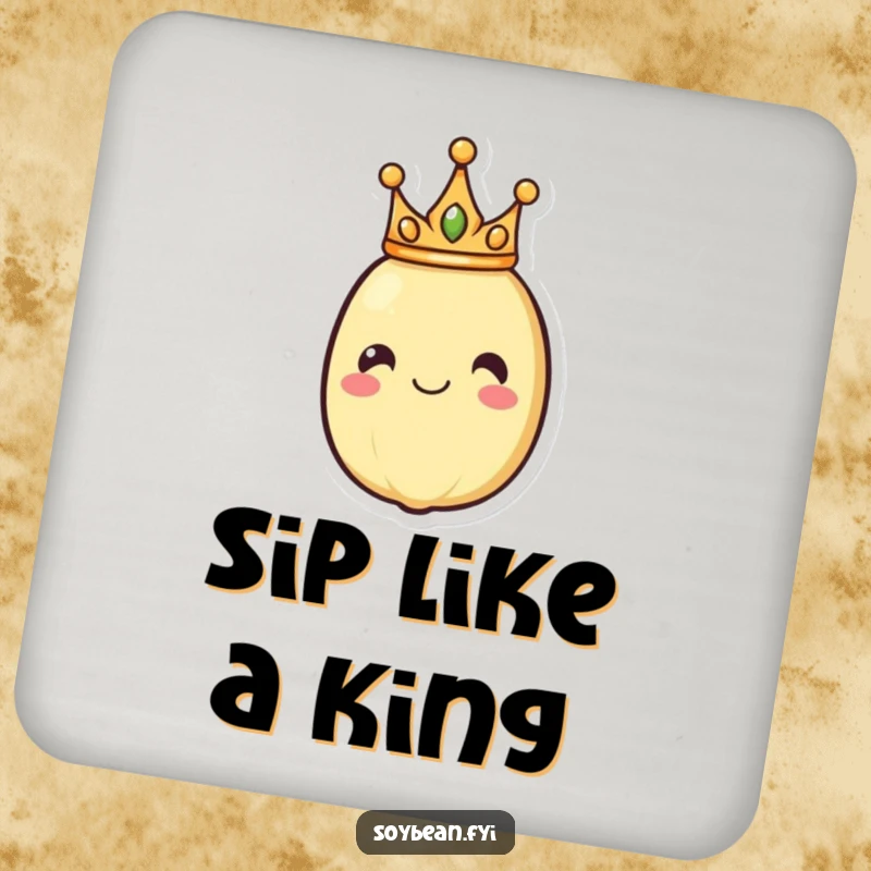 Funny drink coaster featuring a smiling soybean wearing a crown, a small but impactful piece of humorous decor.