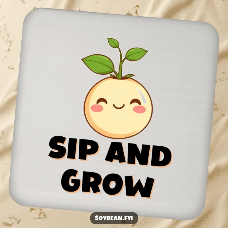Funny Drink Coaster: A coaster featuring a content soybean with a sprout, offering surface protection with a humorous, gentle vibe.