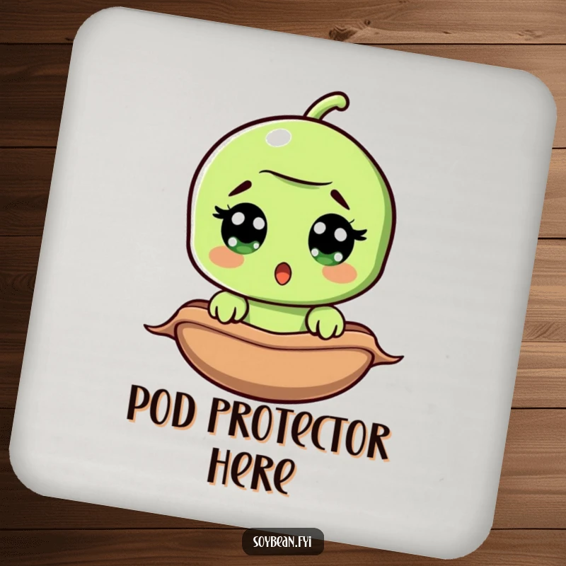 Funny surprised soybean drink coaster, wide-eyed bean peeking from pod, protects furniture, adds humor to drinks.