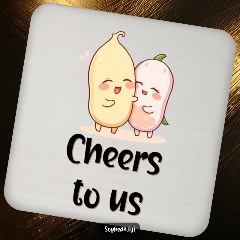 Funny drink coasters showcasing a winking soybean character playfully nudging another, bringing friendly humor to tabletops.