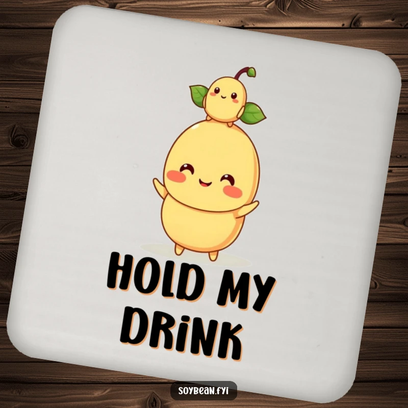 Funny kawaii soybean character mom balancing a baby soybean on its head, on a protective drink coaster.
