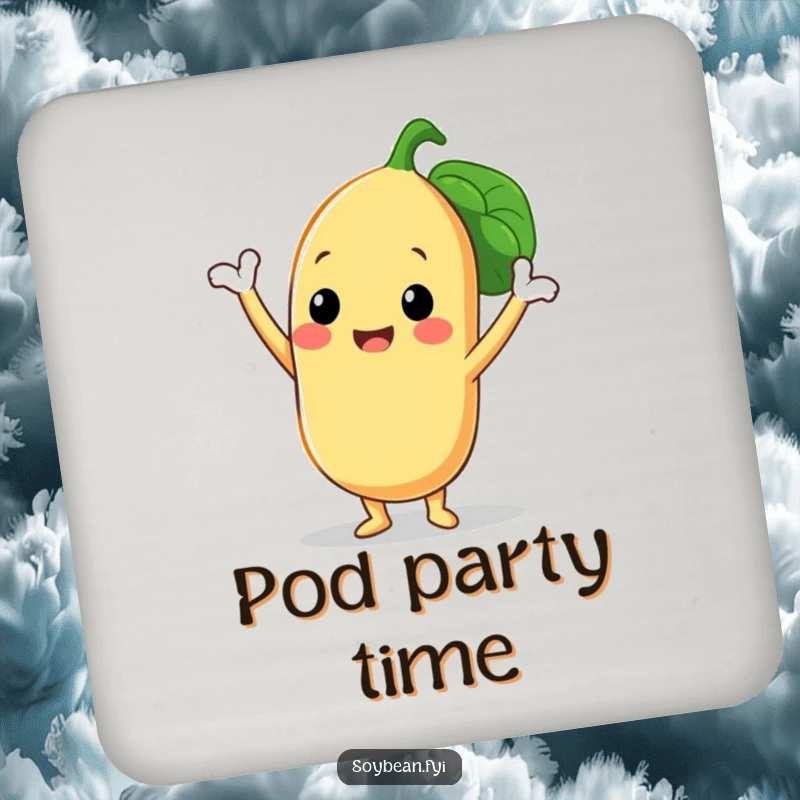 Funny drink coaster featuring a smiling soybean character in a triumphant pose with its three bean pods, protecting surfaces with legume charm.