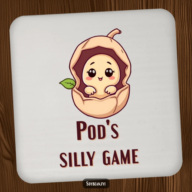 Funny giggling soybean peeking from a cracked bean pod on protective drink coasters.