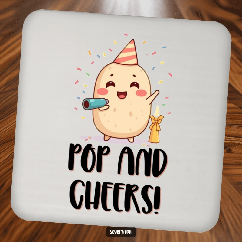 Funny drink coaster with a soybean character joyfully firing a confetti cannon, perfect for protecting surfaces with a festive and humorous touch.