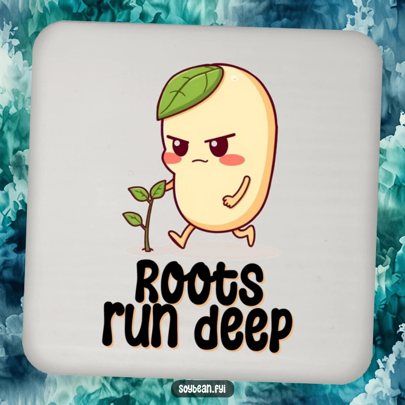 Funny drink coaster featuring a focused soybean character pushing a tiny sprout, protecting surfaces with a humorous and determined attitude.