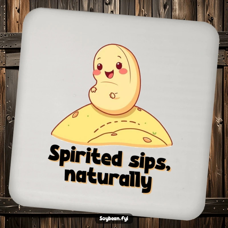 Funny cheerful soybean coasters rolling down a hill, protecting tables with bean-themed humor, an awesome funny gift.