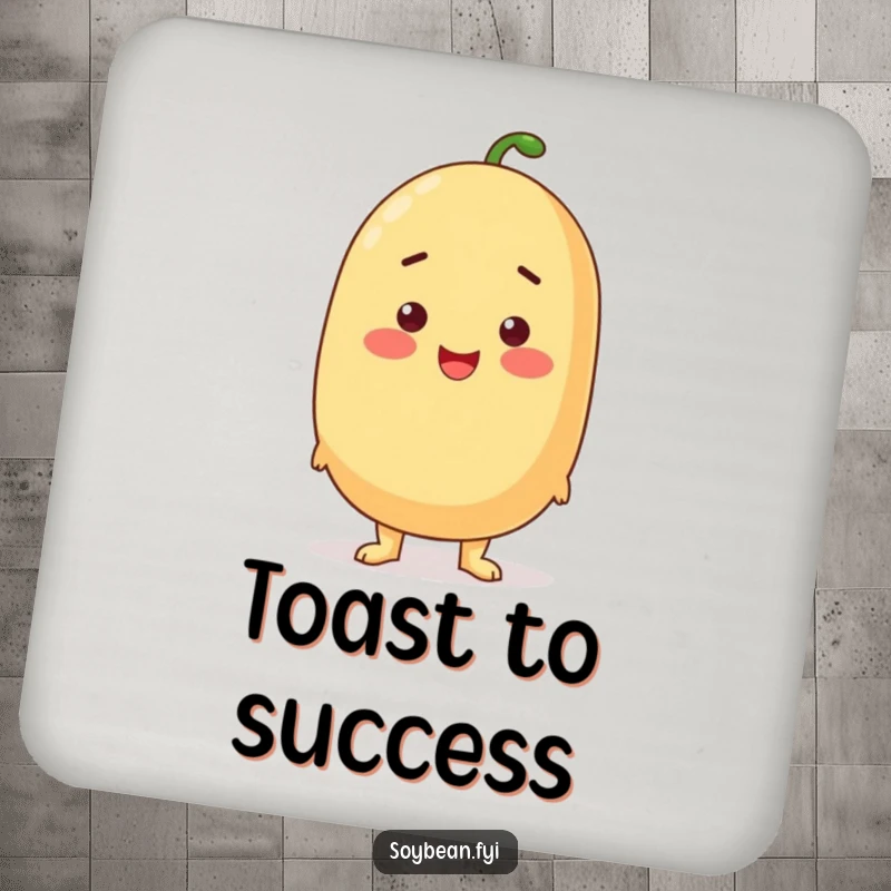 Funny proud soybean standing tall with a rosy blush on protective drink coasters.