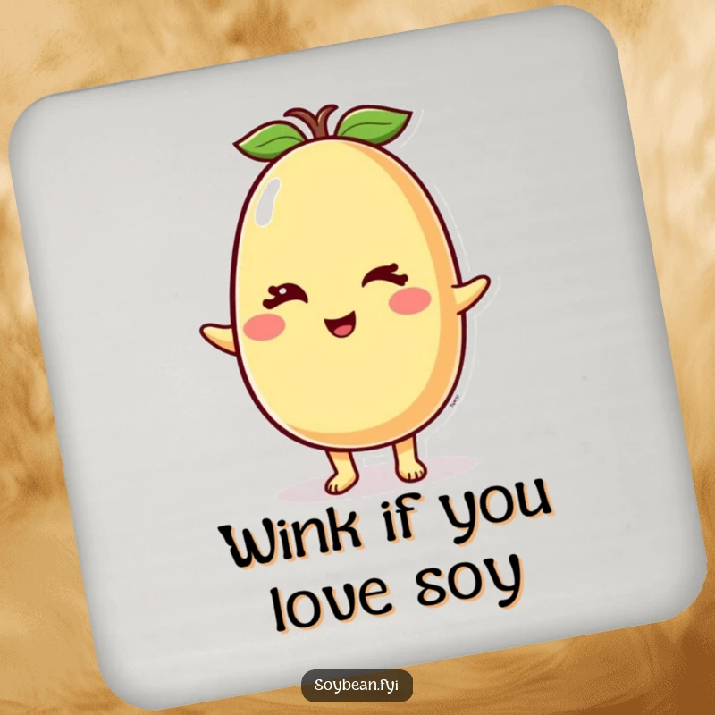 Funny Soybean Coaster set showcasing a cute, winking soybean character, protecting surfaces with a touch of playful humor and charm.