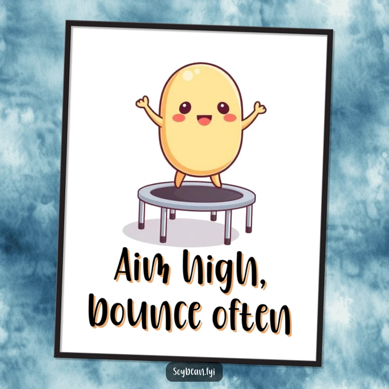 Funny Poster: A dynamic illustration of a happy soybean actively bouncing on a miniature trampoline, radiating fun.