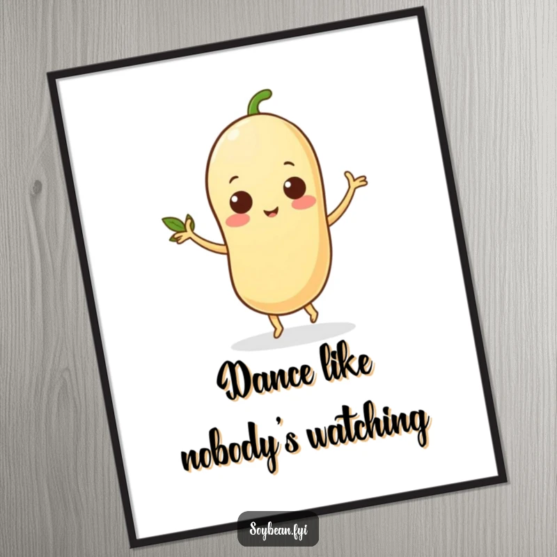 Funny poster print of a lively soybean character dancing with its leafy arms, conveying happiness and rhythm, perfect for vibrant decor.