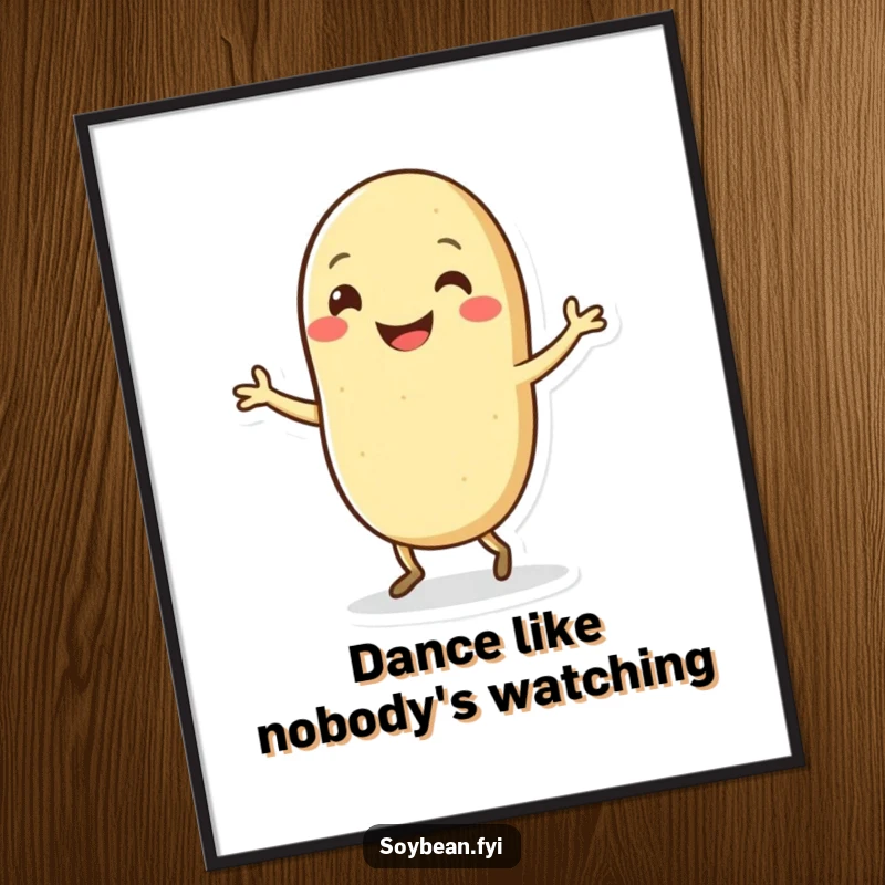 Funny Kawaii soybean character with a huge grin, performing a hilarious silly dance, showcased in a vibrant poster print.