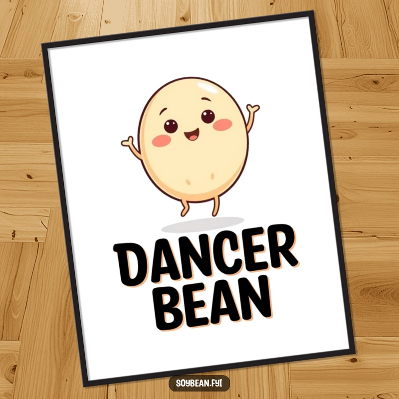 Funny poster illustrating a round soybean character mid-jig, capturing a moment of pure, joyful movement.