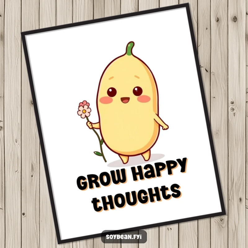 Funny Soybean Poster showcasing a beaming soybean character offering a delicate flower, adding a touch of warmth and gentle humor.