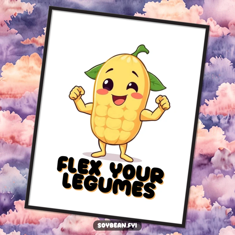 Funny poster print of a cheerful anthropomorphic soybean proudly flexing its muscles, radiating power and happiness.