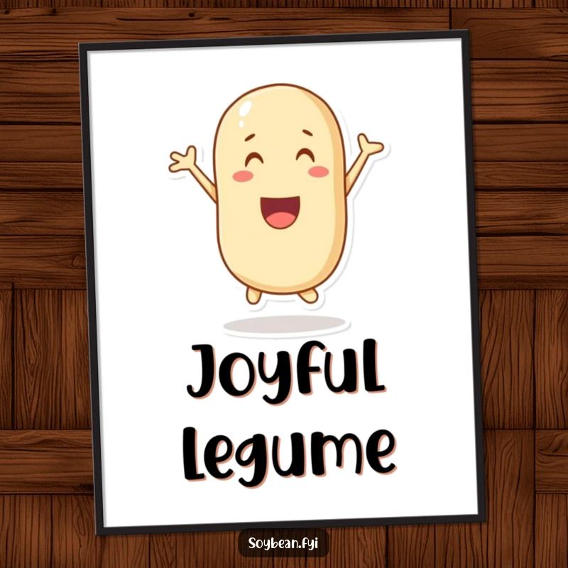 Funny poster featuring a dynamic soybean character leaping with uninhibited joy, perfect for wall art.