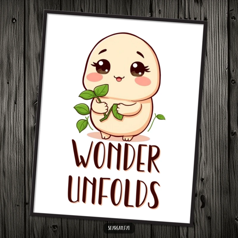 Funny poster of a kawaii soybean holding a sprout, looking curious and contemplative, bringing thoughtful humor to wall decor, a fun gift.