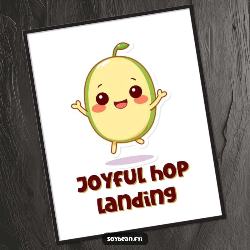 Funny Kawaii soybean character in a happy little hop, spreading joy throughout this art print.