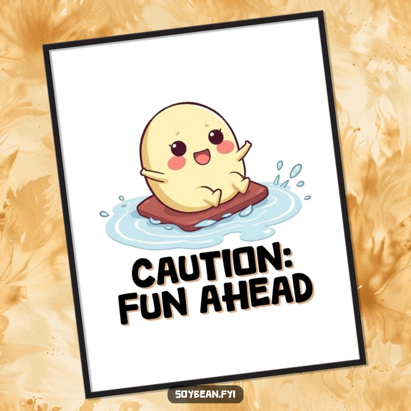 Funny poster showcasing a cute kawaii soybean character in a comical slide across a wet surface, full of motion and humor.
