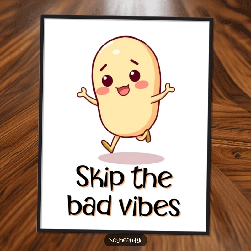 Funny Soybean Poster capturing a dynamic soybean character in a playful skip, radiating kinetic energy and happiness.