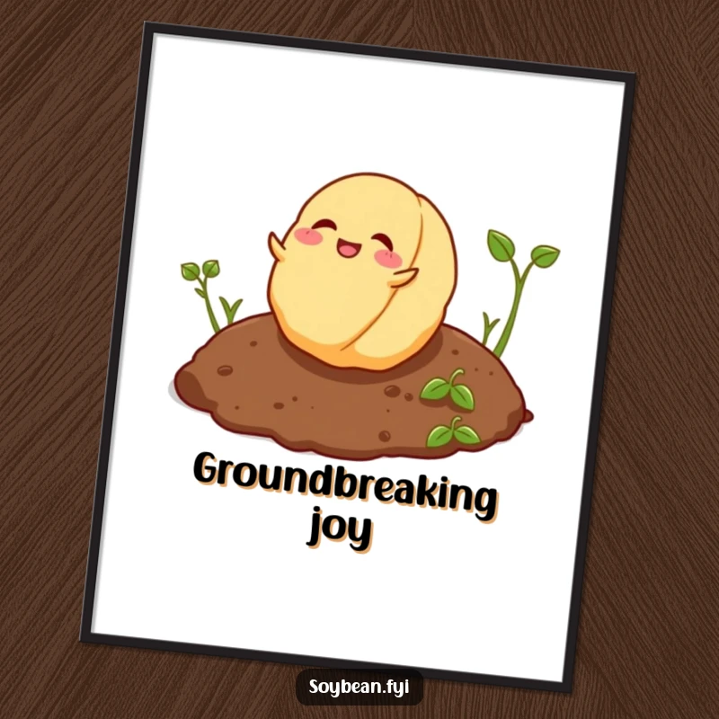 Funny playful soybean character rolling joyfully on soil, whimsical wall art poster.