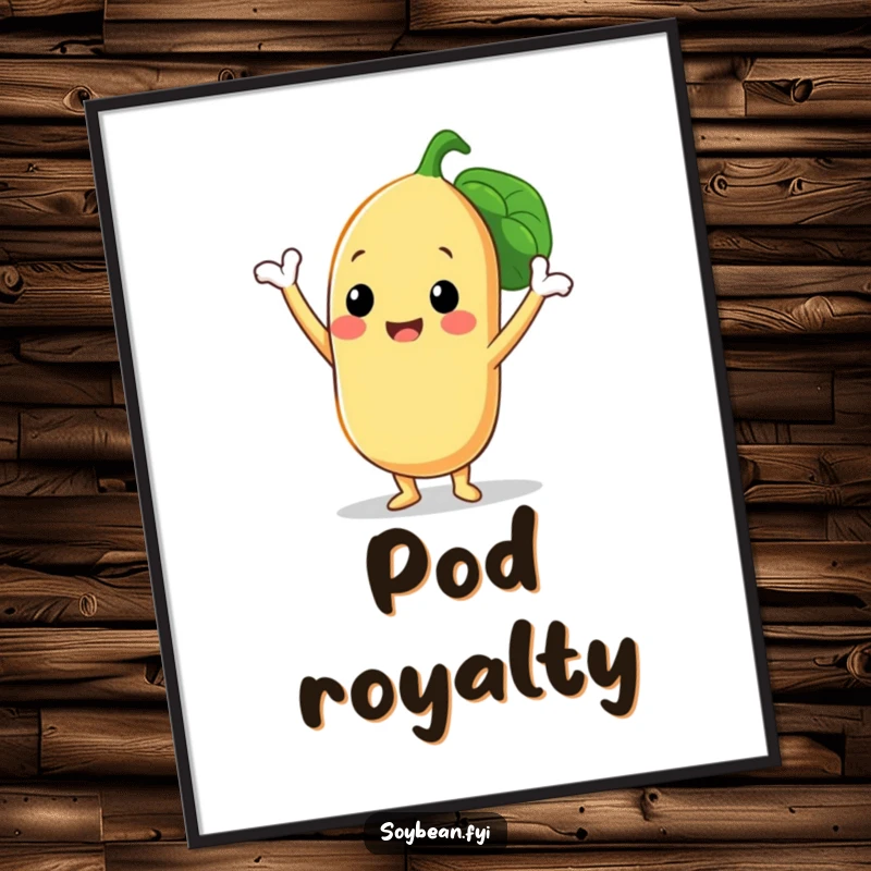 Funny poster of a smiling soybean character doing a triumphant pose with its three bean pods, adding a humorous and uplifting artistic touch.