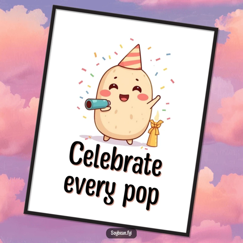 Funny poster illustration of a soybean character joyfully firing a small confetti cannon, creating a celebratory explosion of color and fun.