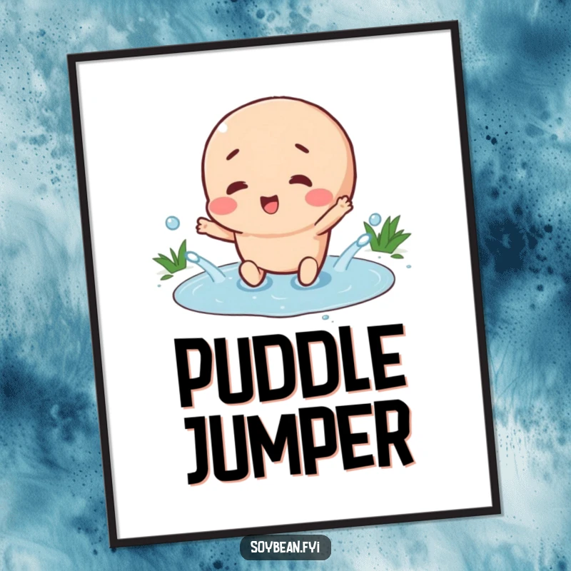 Funny poster of a happy soybean character joyfully splashing in a tiny puddle, capturing a moment of pure, unadulterated happiness and fun.