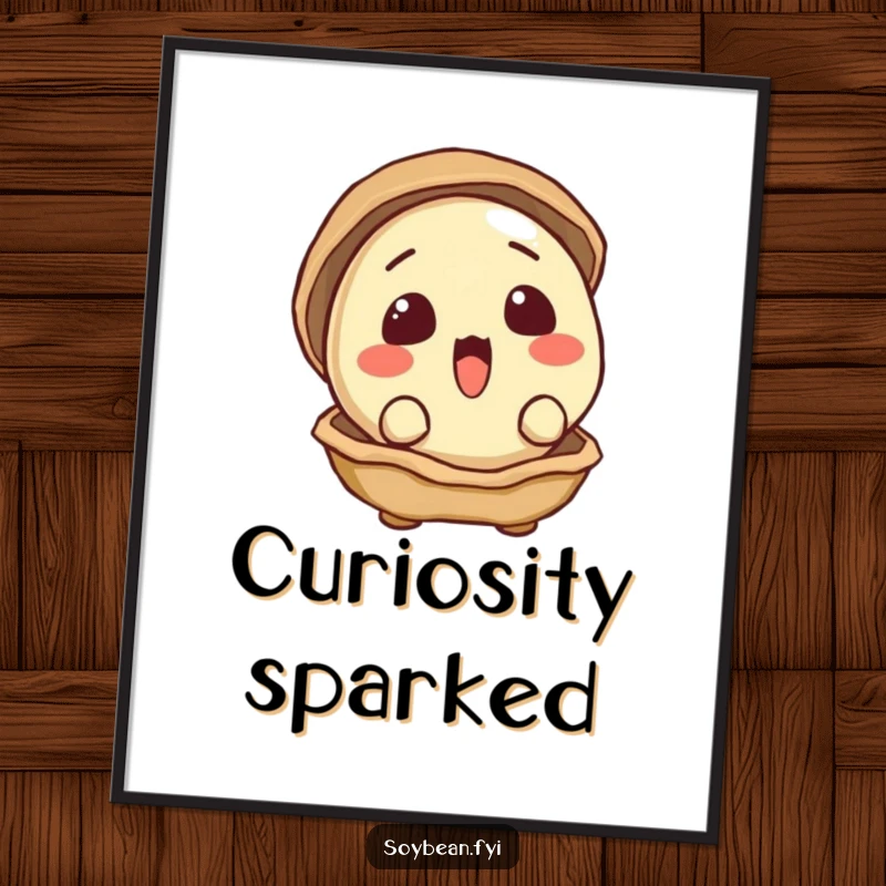 Funny poster featuring a surprised soybean peeking out of its shell with wide, curious eyes, inviting discovery.