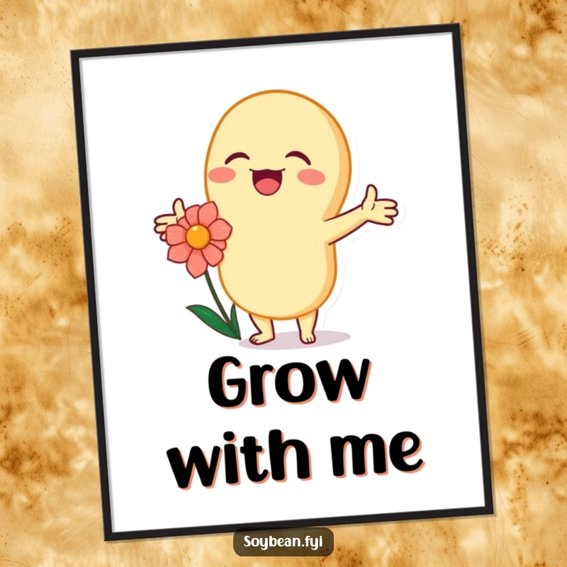 Funny kawaii soybean character joyfully embracing a flower with open arms, presented as a funny wall poster.