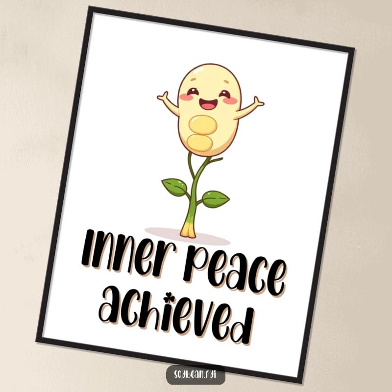 Funny poster art capturing a gleeful soybean character in delicate balance on a single sprout, conveying serene amusement.