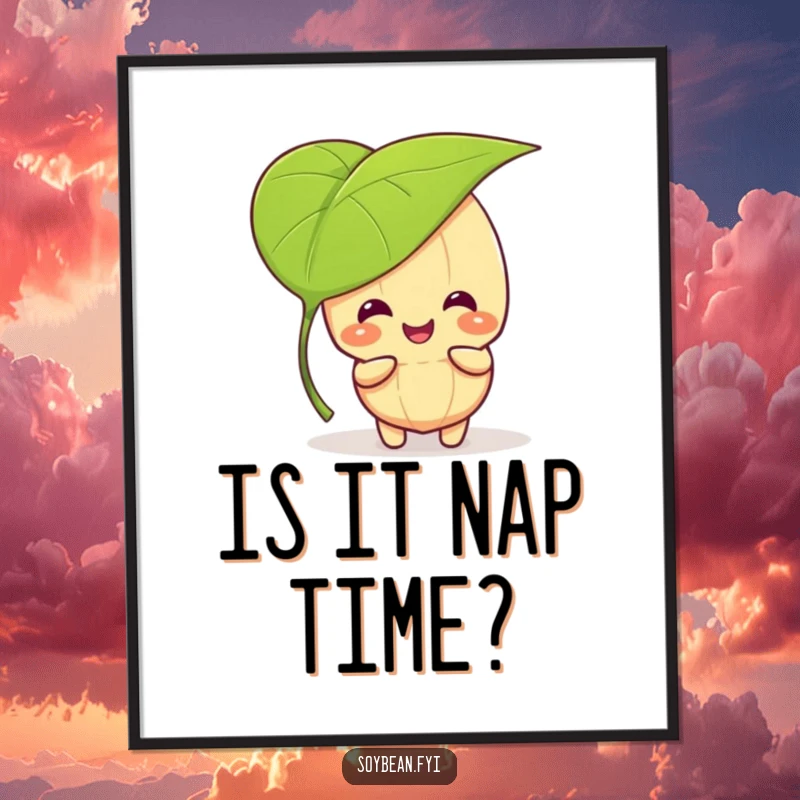 Funny kawaii soybean character giggling while playing peek-a-boo behind a large green leaf, presented as a funny wall poster.