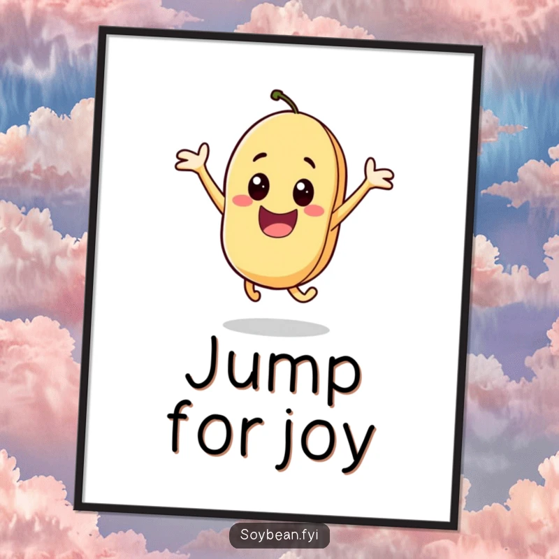 Funny poster print of an animated soybean character leaping with elation, conveying pure excitement and happiness, perfect for vibrant decor.