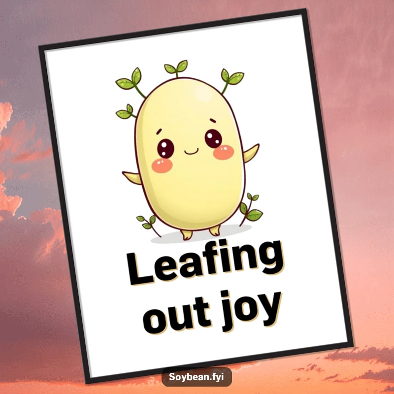 Funny poster showing a cheerful soybean character with tiny sprouting leaves, symbolizing growth and renewal.