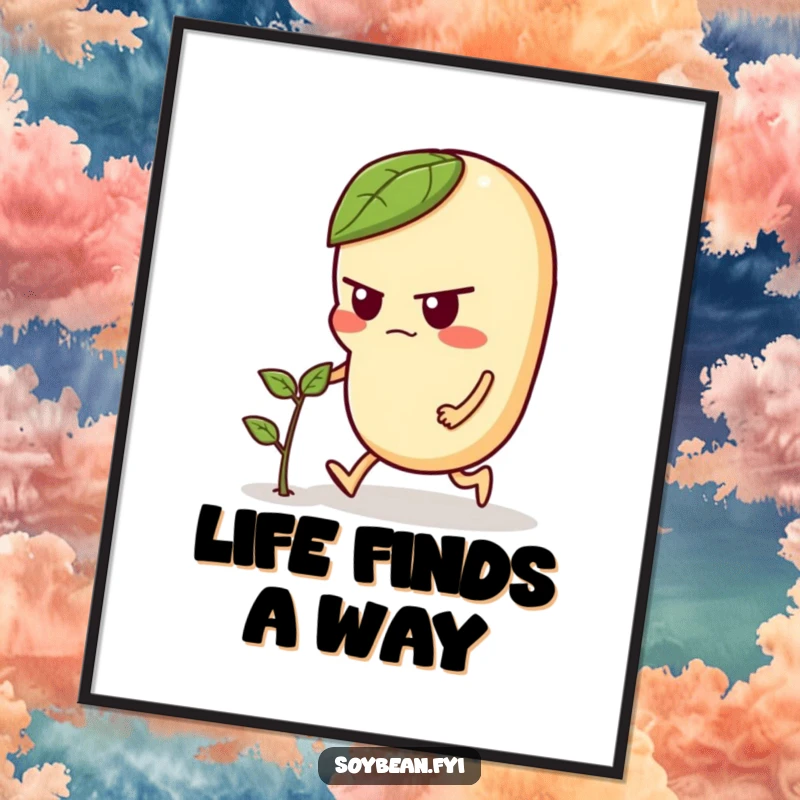 Funny poster illustration of a determined soybean character actively pushing a tiny sprout, symbolizing perseverance and achievement, a humorous decor piece.