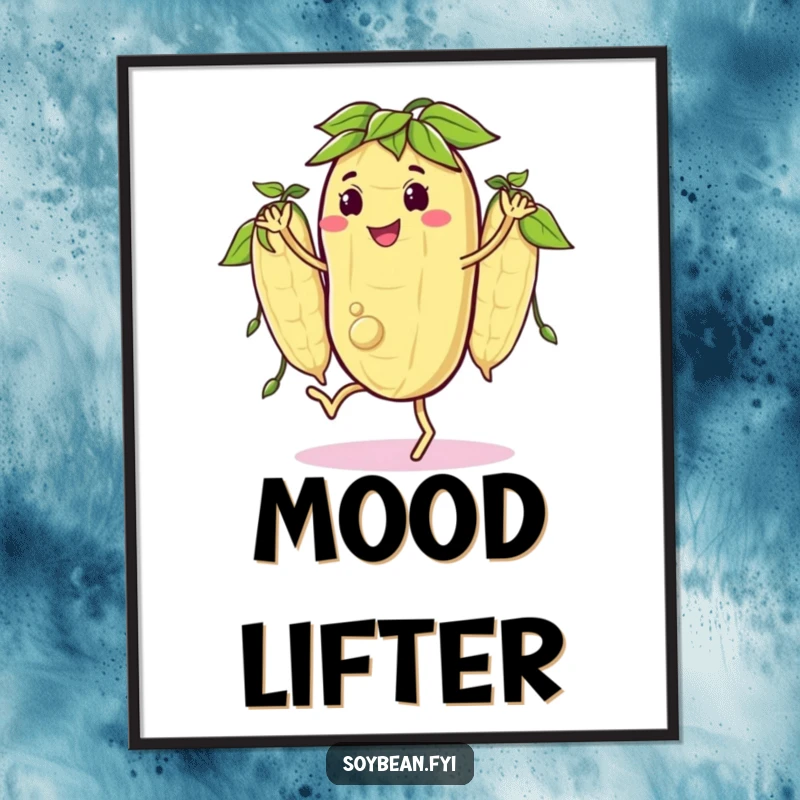 Funny poster of a happy soybean character doing a little jig with its bean pods perfectly in sync, adding a lively and humorous artistic touch.