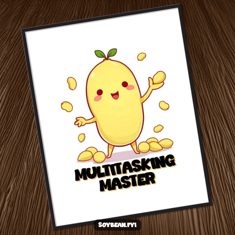 Funny poster showcasing a charming kawaii soybean character masterfully juggling tiny edamame pods, capturing a moment of impressive dexterity.