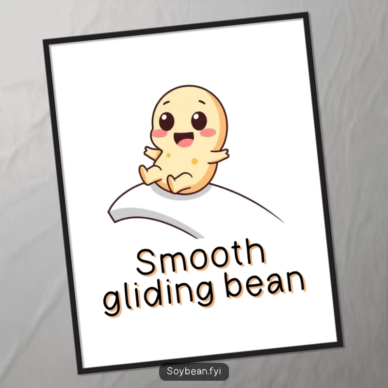 Funny kawaii soybean poster print of a cute character smoothly sliding down a ramp, bringing adorable fun to any wall.