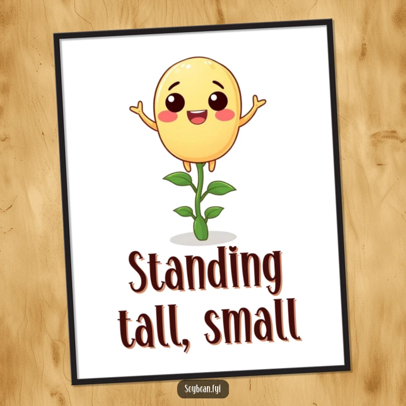 Funny soybean poster with a joyful anthropomorphic soybean balancing on a tiny sprout, creating serene and humorous wall art.