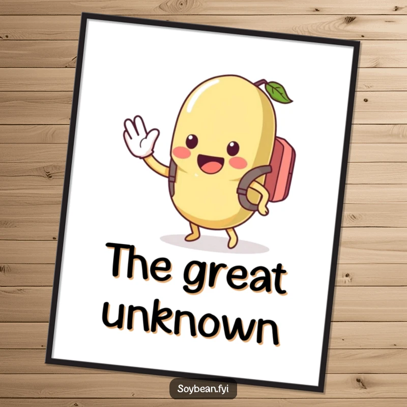 Funny poster of a kawaii soybean wearing a backpack, waving excitedly with a huge smile, bringing infectious humor to wall decor, a fun gift.