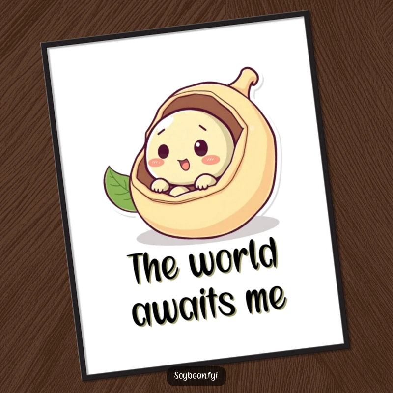 Funny curious soybean poster peeking out from a pod, an illustration of gentle curiosity and cozy discovery, an amazing funny gift.