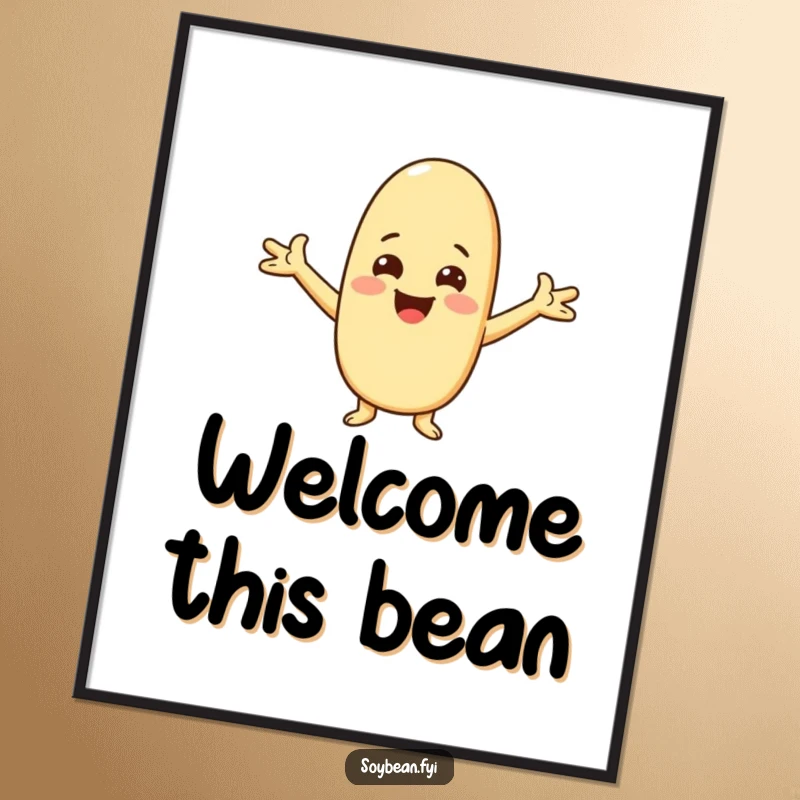 Funny Kawaii soybean character poster print, capturing the character with arms spread wide in a joyous, welcoming embrace.