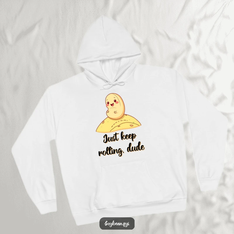 Funny cheerful soybean hoodie rolling down a hill, the epitome of cozy fun and relaxation, ideal funny gift.