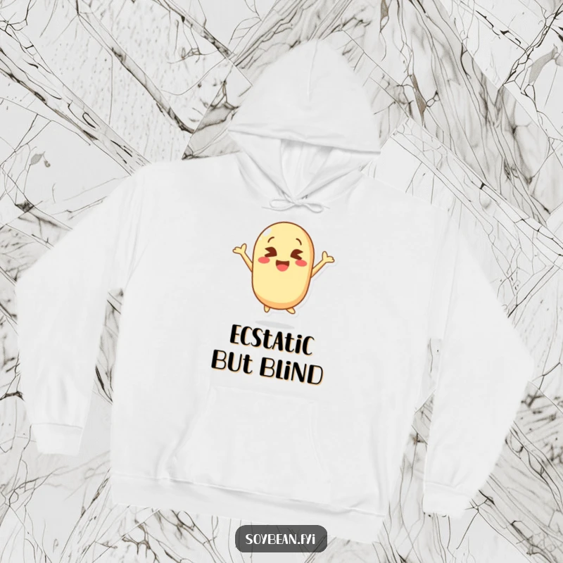 Funny hoodie featuring a kawaii soybean character joyfully leaping with comically crossed eyes, expressing ultimate happiness and fun.